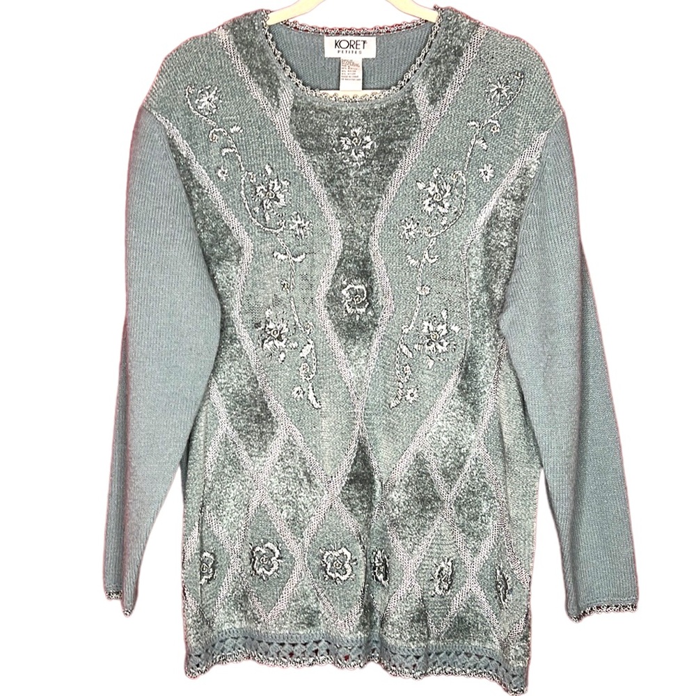 Vintage Koret Petites Gray/Blue Knit & Embroidered Sweater Beaded Detail Large